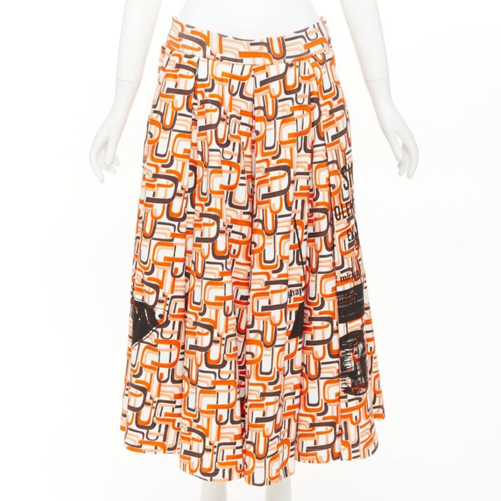 Prada orange geometric link print triangle logo midi skirt